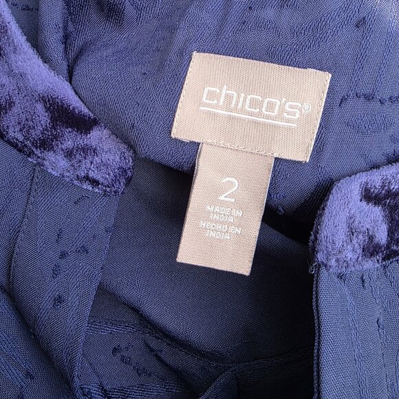 Chico's Size 2 I US 12 L Blue Jacquard Shirt Blouse Top Velour Embroidered Boho - Picture 2 of 6